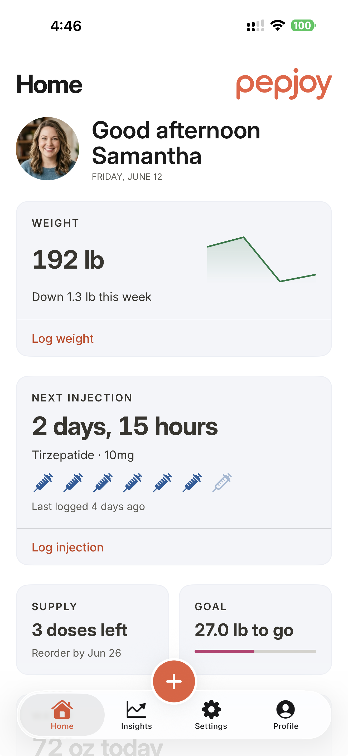 The Pepjoy home screen, showing a weight trend, the next injection countdown, dose supply, and a goal.